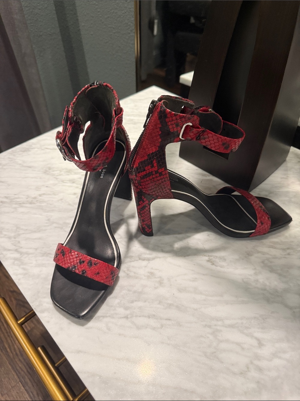 rag & bone Red Snake-Print Ankle Strap Heels